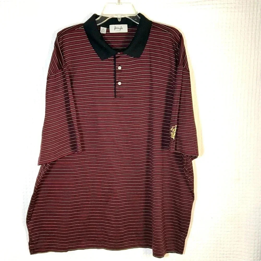Pringle of Scotland Shirt Mens XXL Polo Red Black Yellow Stripe Metairie CC Logo